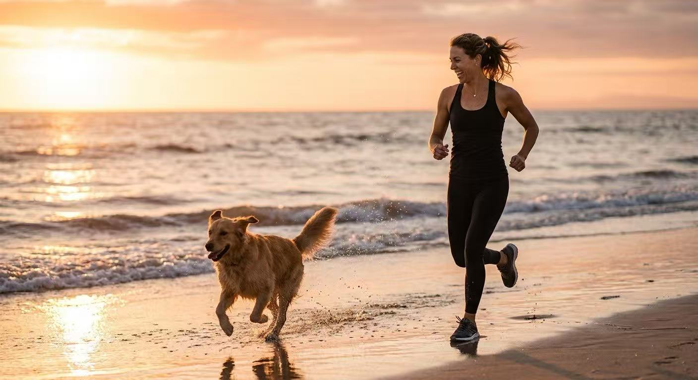 Woman and golden retriever running together on a beach at sunset