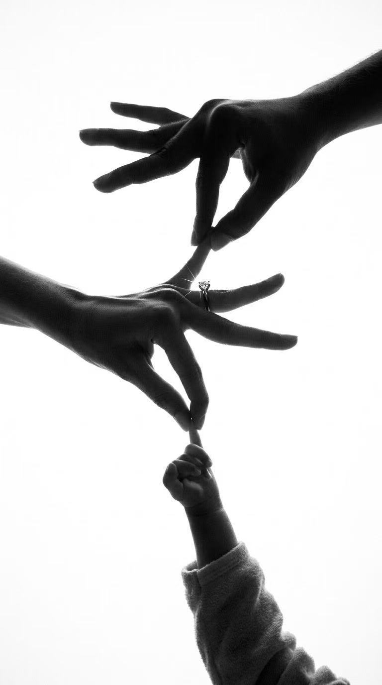 Hands linked together with a baby’s hand and a diamond ring