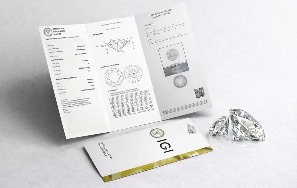 IGI laboratory-grown diamond report displayed beside diamonds