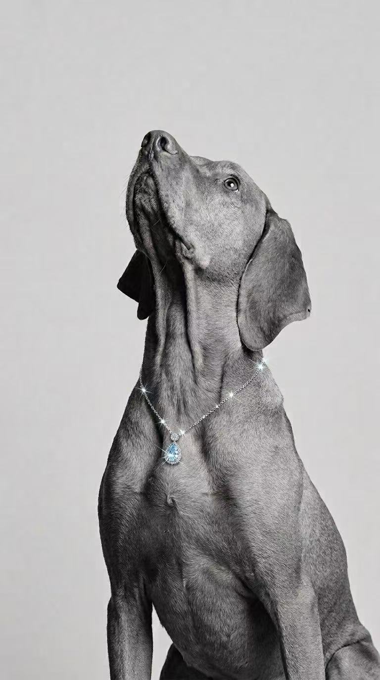 Dog wearing a diamond necklace with a blue pendant