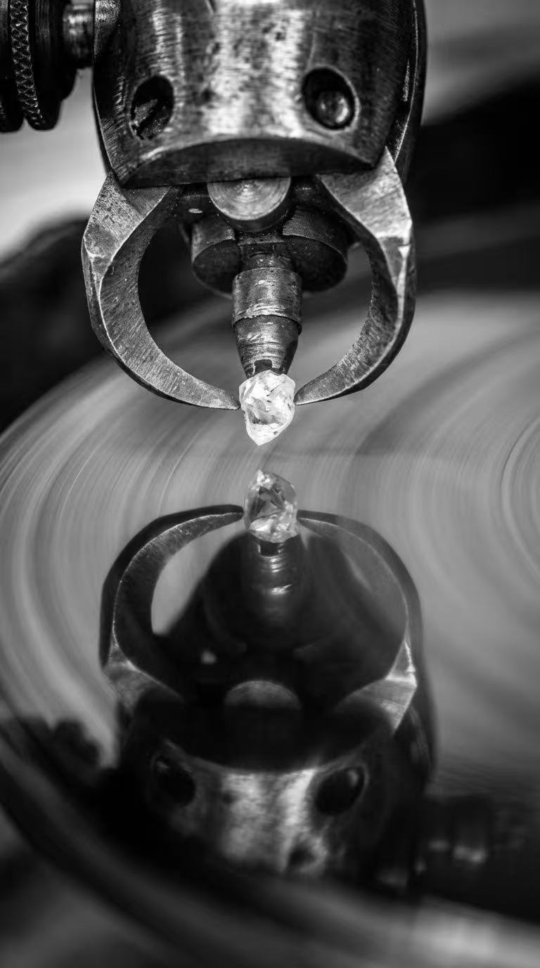 Diamond held in a polishing tool above a polishing wheel