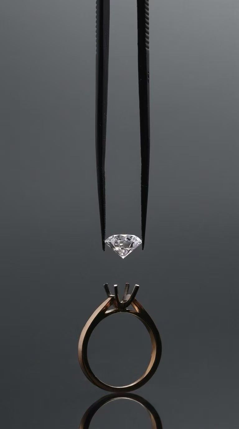 Diamond held by tweezers above a ring setting