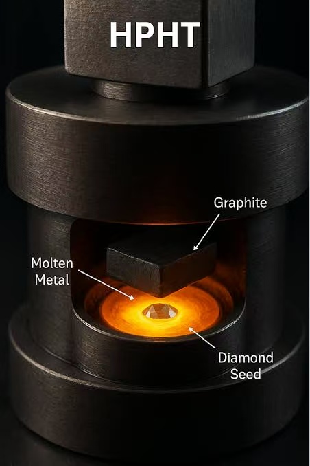 HPHT process illustration showing graphite, molten metal and a diamond seed
